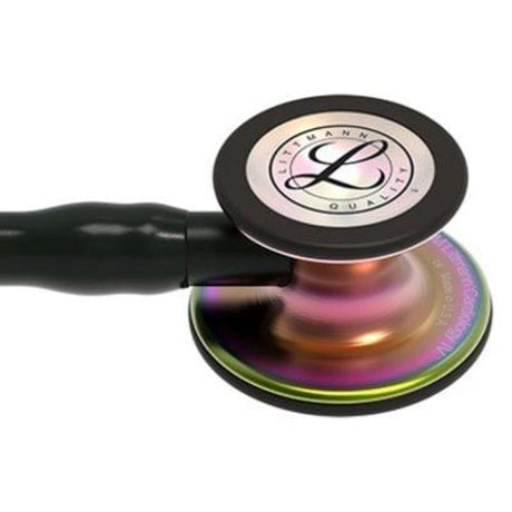 Littmann Cardiology IV Stethoscope in Black with Rainbow Chestpiece for cardiac auscultation.
