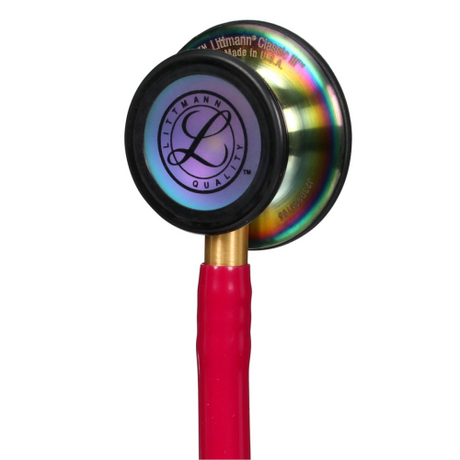 Littmann Classic III Stethoscope in Raspberry with Rainbow Tubing and Dual-Sided Chestpiece.