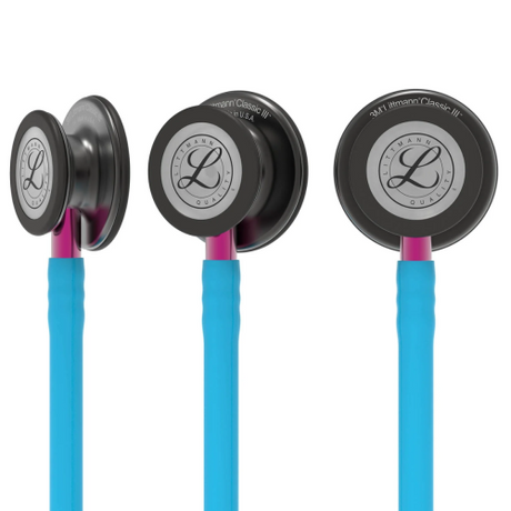 3M Littmann Classic III Stethoscope with Smoke Chestpiece and Turquoise Pink Tubing.