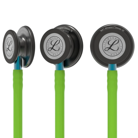 3M Littmann Classic III Stethoscope with Smoke Finish and Lime Green Tubing.